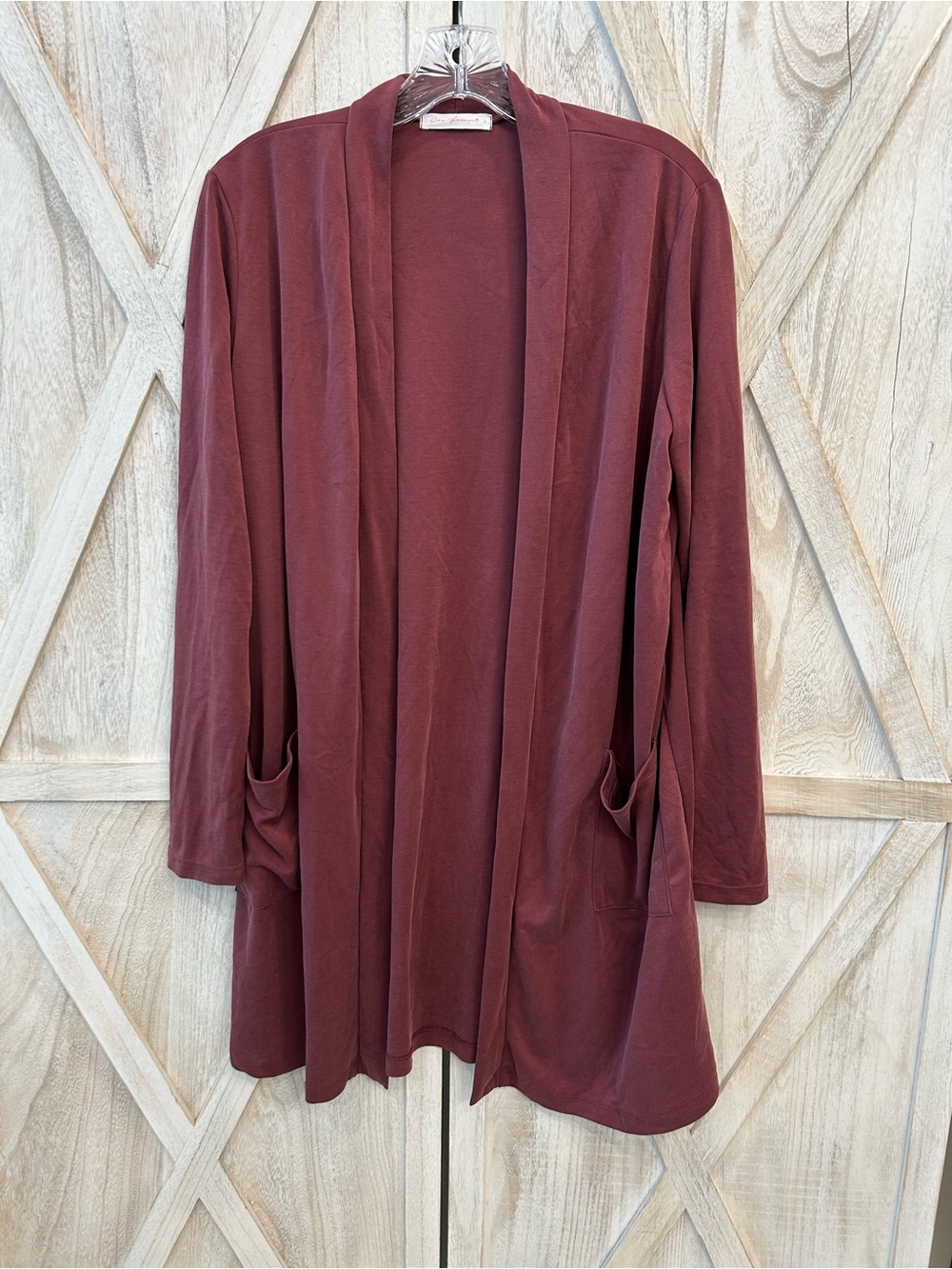 Ces Femme Open-Front Burgundy Long Cardigan